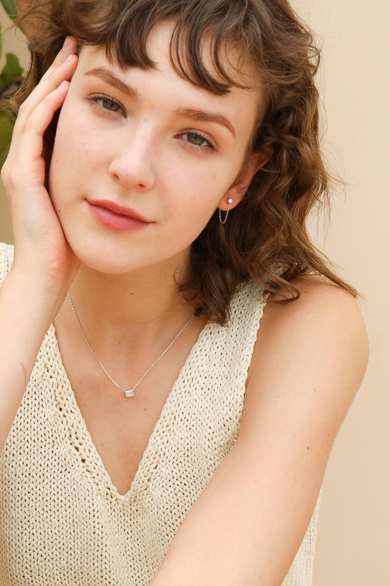 S.Leaf Cubic Zirconia Stud Earrings with Chain Sterling Silver Dangle Earrings for Women (cz-silver) - Image 2